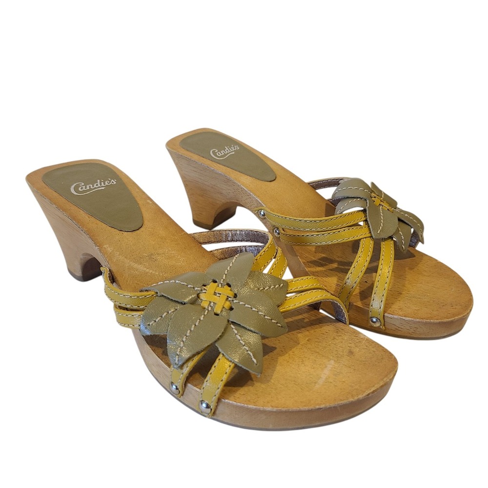 VTG Candies Leather Wooden Platform 6.5 Flower Y2K Heels Sandals Yellow Brown - Picture 2 of 10
